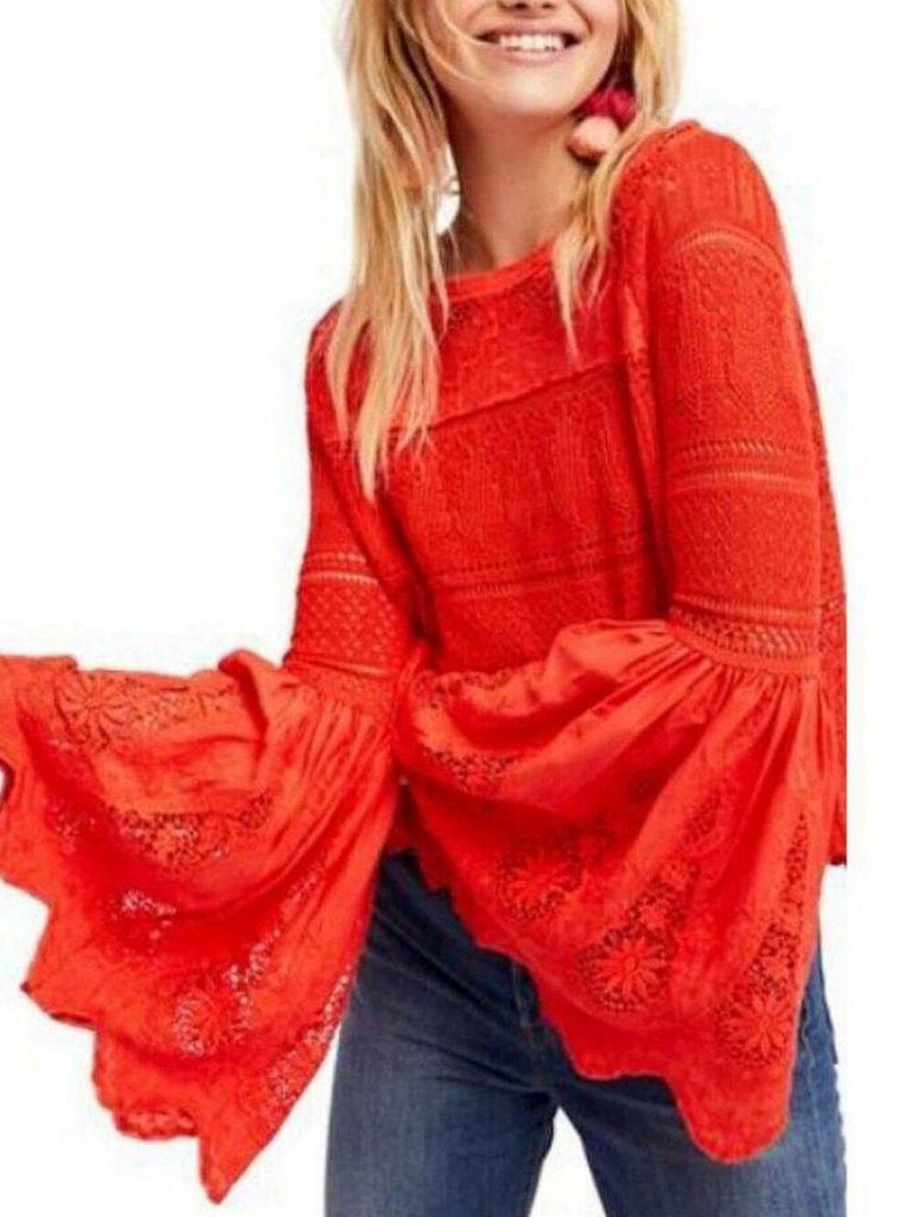 Free People Once Upon A Time Lace Crochet Bell Sleeve Top
